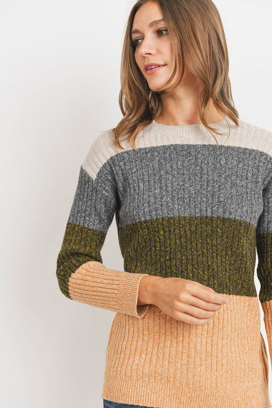 Color Block Stripe Knit Ribbed Sweater Top