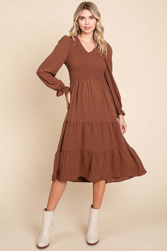 Smocked V Neck Long Puff Sleeve Tiered Dress