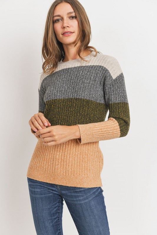 Color Block Stripe Knit Ribbed Sweater Top