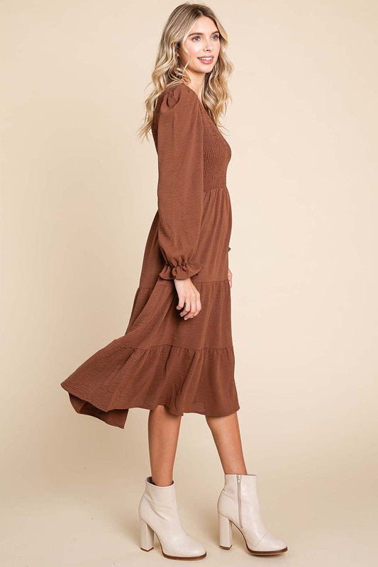 Smocked V Neck Long Puff Sleeve Tiered Dress