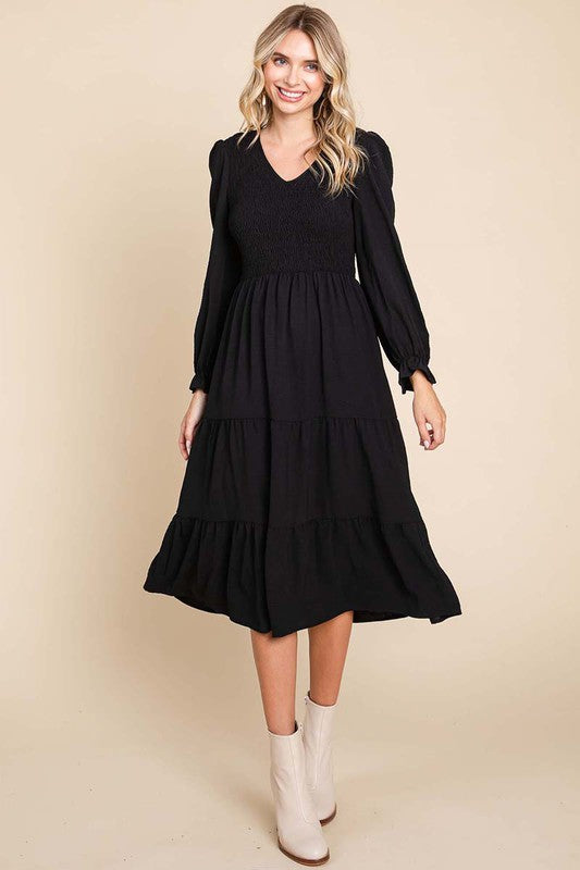 Smocked V Neck Long Puff Sleeve Tiered Dress