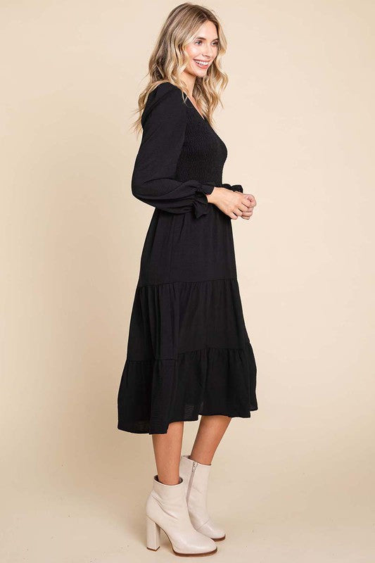 Smocked V Neck Long Puff Sleeve Tiered Dress