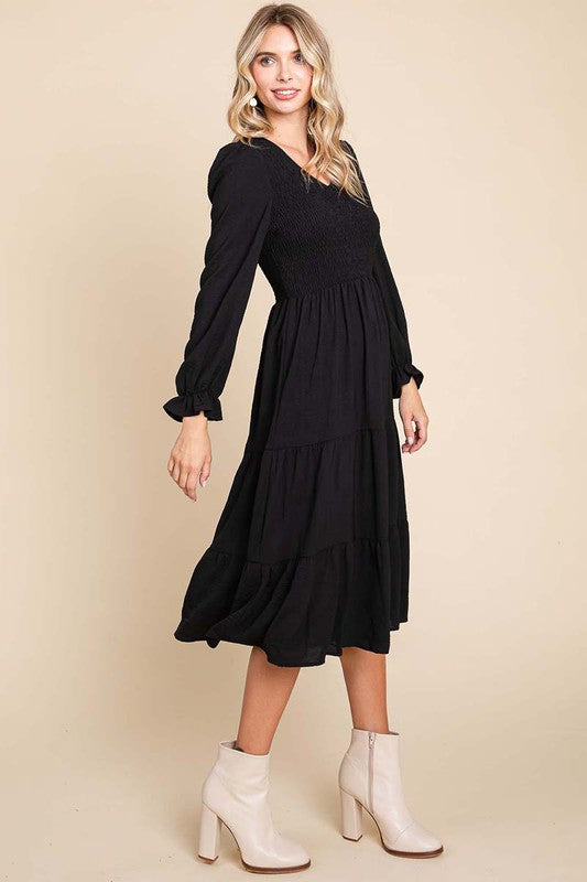 Smocked V Neck Long Puff Sleeve Tiered Dress