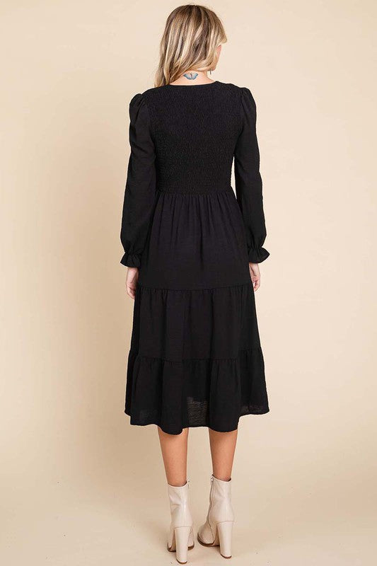 Smocked V Neck Long Puff Sleeve Tiered Dress