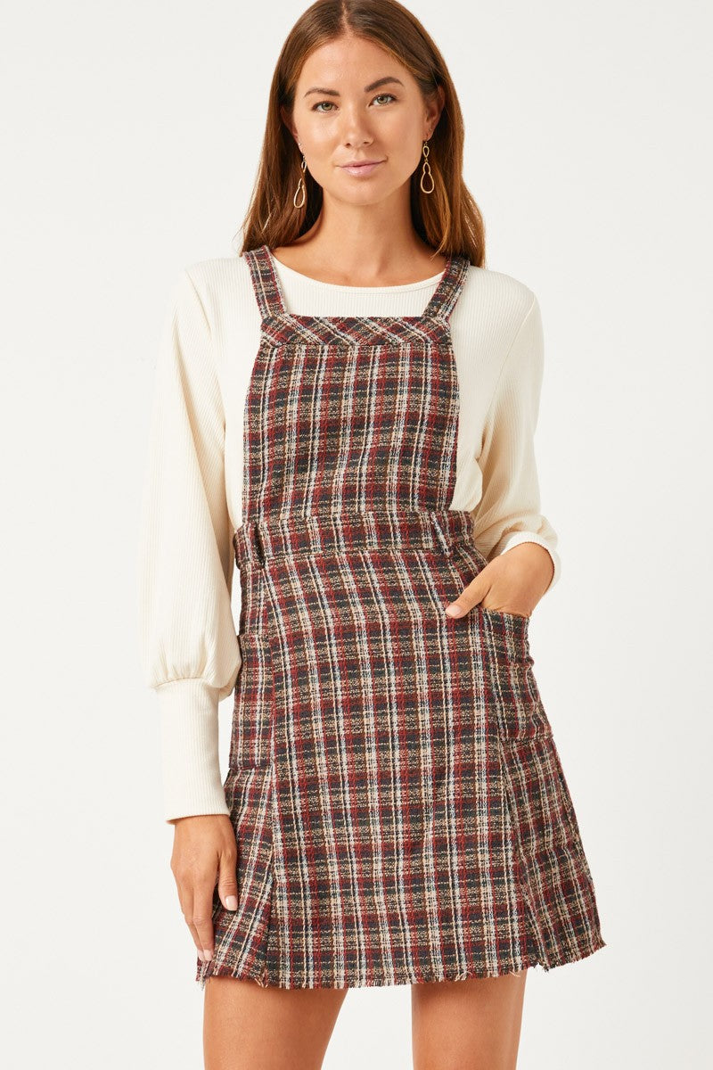 Women’s Textured Checkered Belted Overall Dress