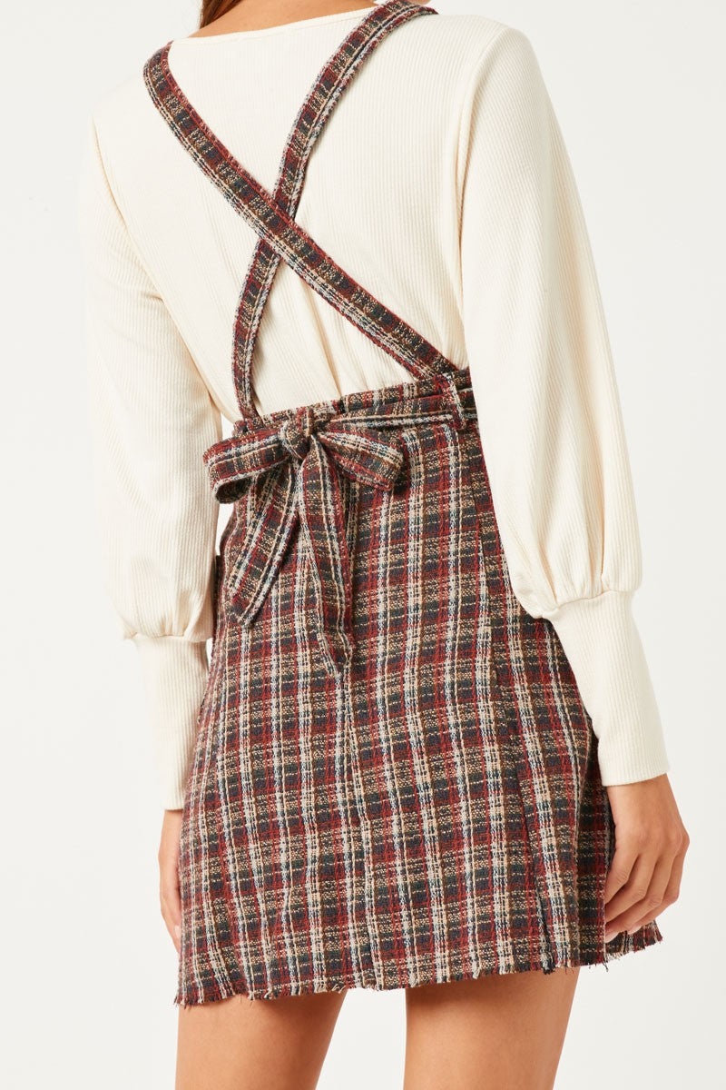 Women’s Textured Checkered Belted Overall Dress