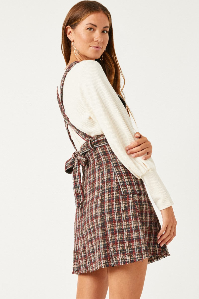 Women’s Textured Checkered Belted Overall Dress