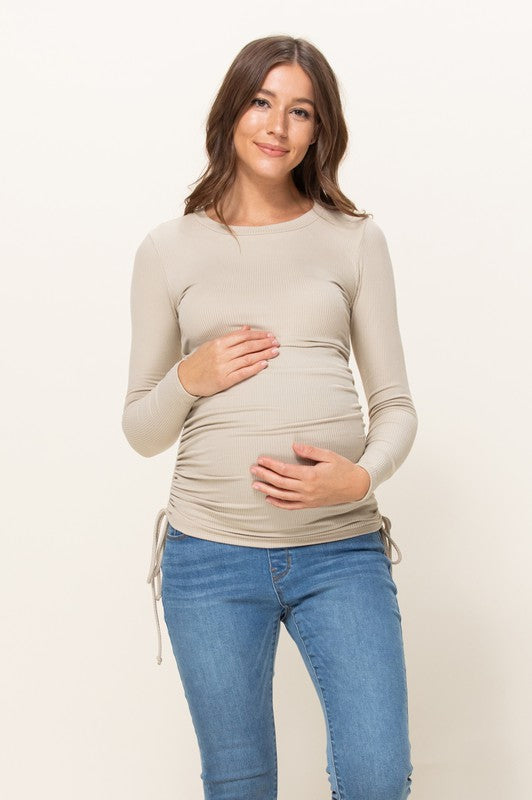 Long Sleeve Adjustable Drawstring Ribbed Maternity Shirt