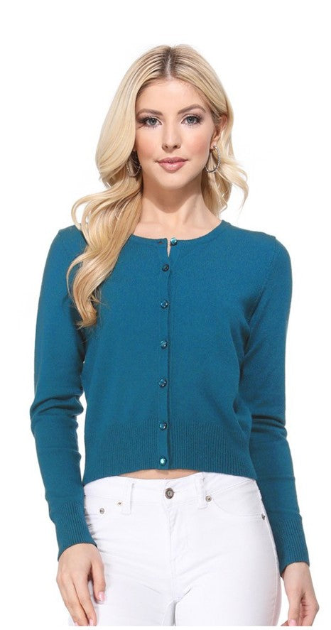 Gem Button Crew Neck Long Sleeve Sweater Cardigan