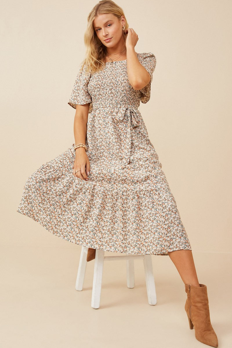 Floral Smocked Belted Midi Dress