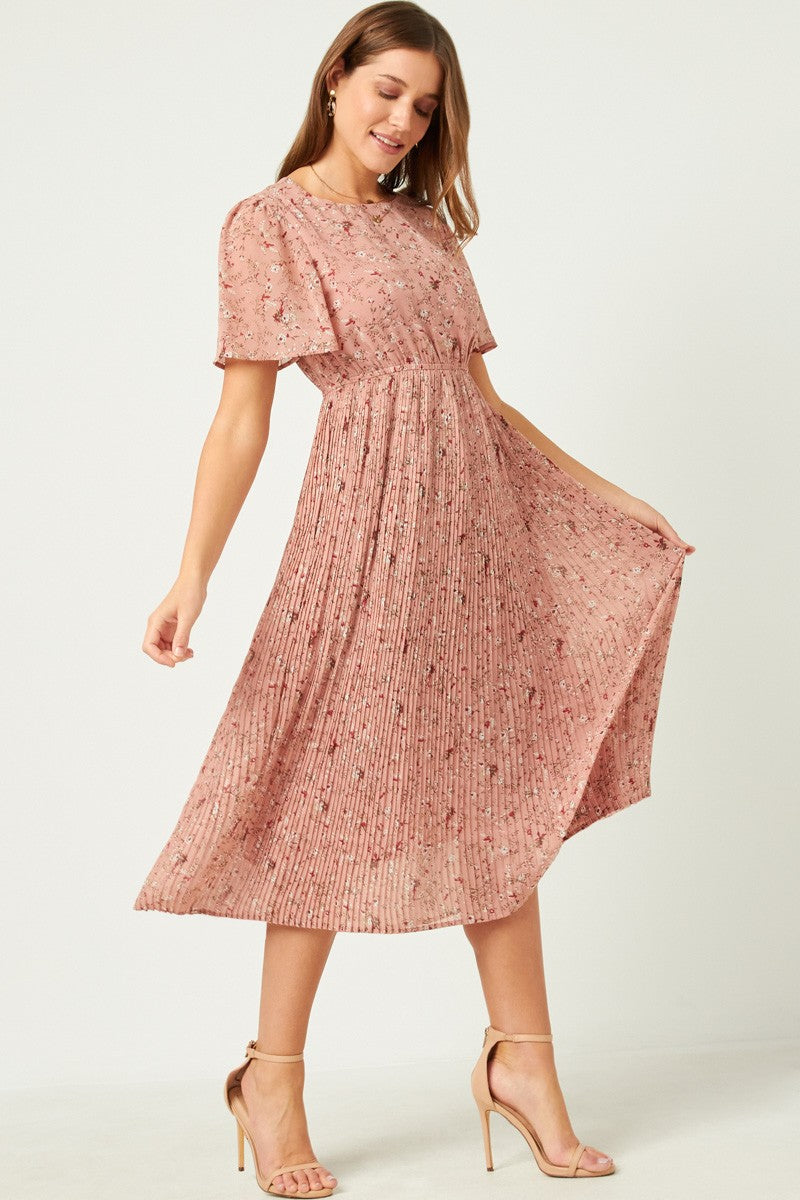 Pleated Floral Midi Dress